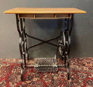 Antique Oak Top Wrought Iron Sewing Machine Table