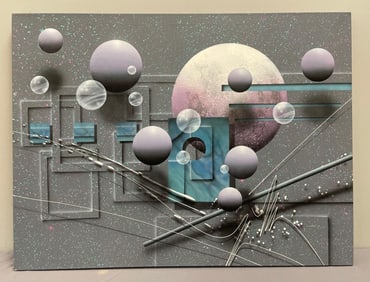 Signed Josef Kugler Multimedia Abstract Illusionist Painting on Canvas