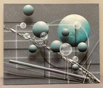 Signed Josef Kugler Multimedia Abstract Illusionist Painting on Canvas