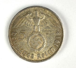 1938 WW2 German Paul von Hindenburg 5 Reichsmark Silver Coin