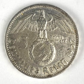 1937 WW2 German Paul von Hindenburg 5 Reichsmark Silver Coin