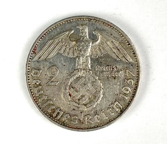 1937 WW2 German Paul von Hindenburg 2 Reichsmark Silver Coin