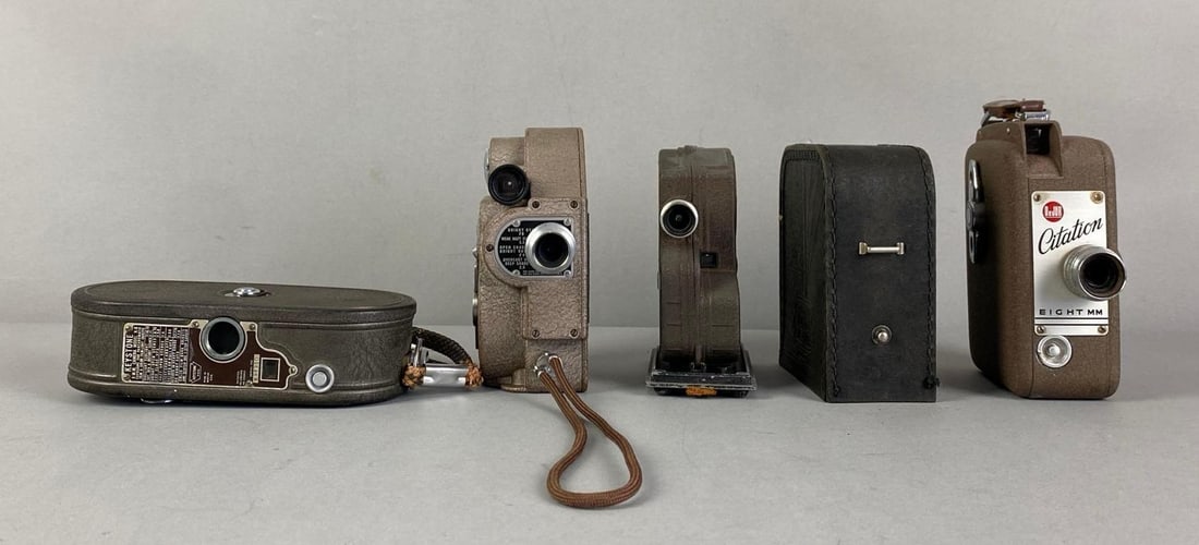 Group of Vintage 8mm Film Cameras: Untested, includes DeJur citation, revere eight and more, largest measures 5 1/2” H x 2 1/2” W x 5” D