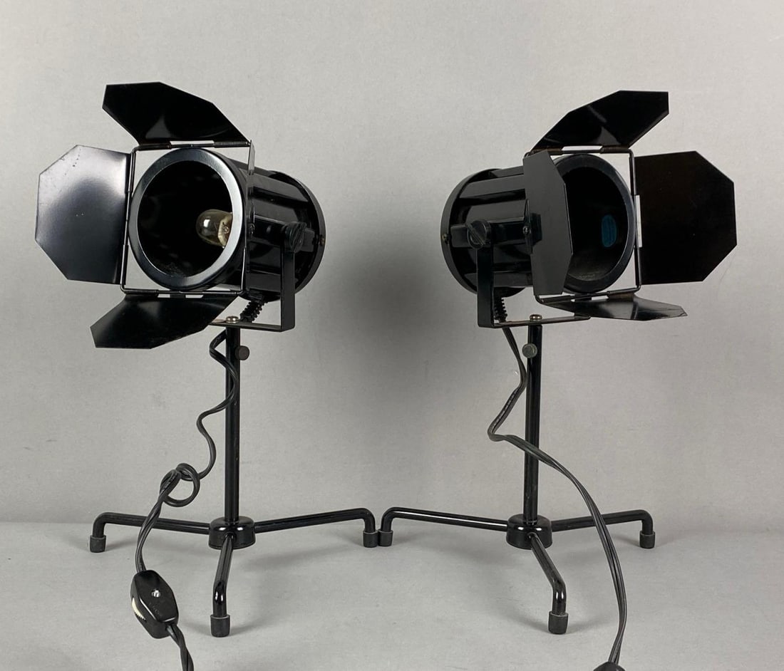 Group of 2 Miniature Stage Flood Light Desk Lamps: In working condition, each measures 13” H x 8” W x 8” D