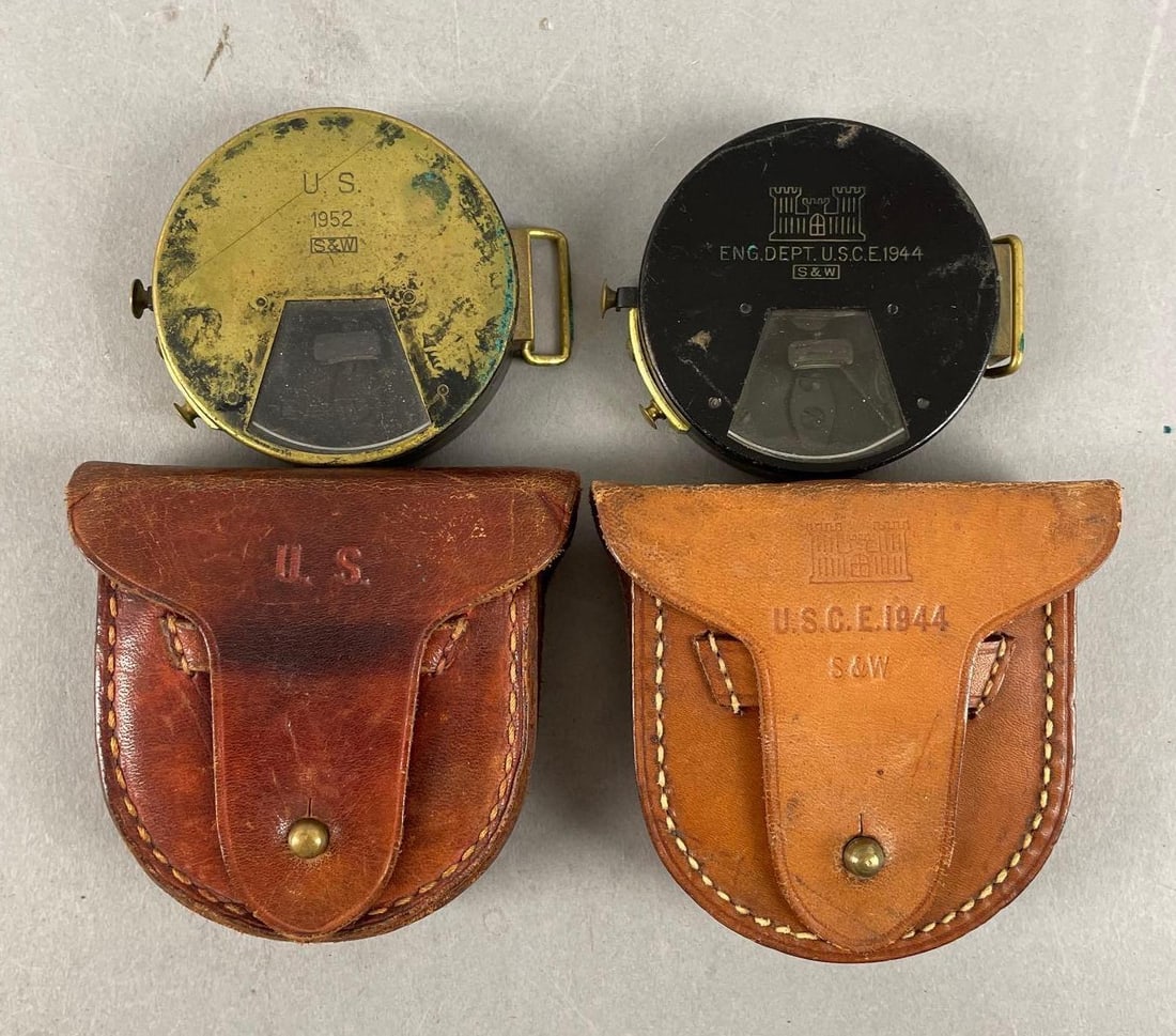 Group of 2 U.S. Army S and W Clinometers: Includes 1944 eng. dept,, 1952 brass, leather cases measure 3 1/2" x 3 3/4"