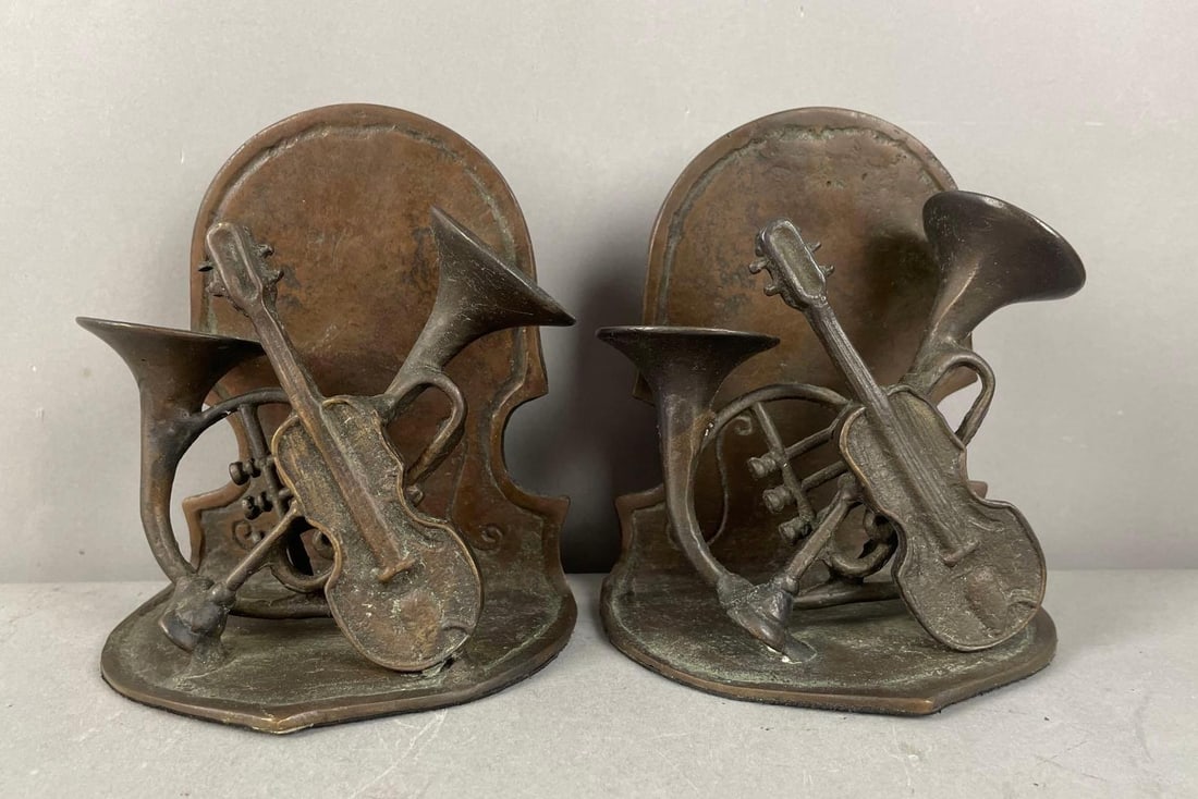 Pair of Brass Musical Instruments Bookends: Each measure 5 3/4" x 4 3/4" x 3 1/2"