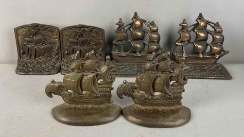 3 Pairs of Galleon Ship Metal Bookends