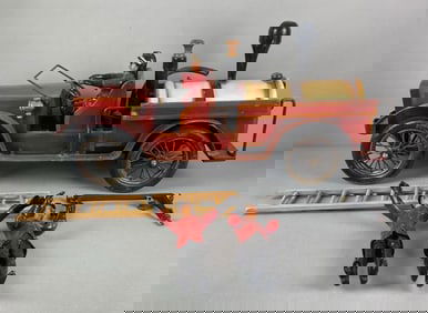 Vintage Handmade Wood Firetruck with Firemen Figurines