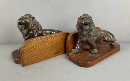 Set of Brass and Oak Lion Bookends