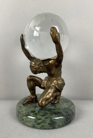 Bronze Atlas Statue with Etched Glass Globe