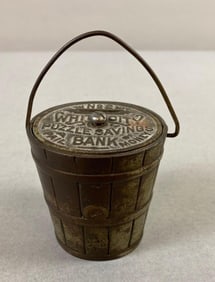 Antique White City Chicago IL. puzzle Savings Bank Pail Money Coin Bank