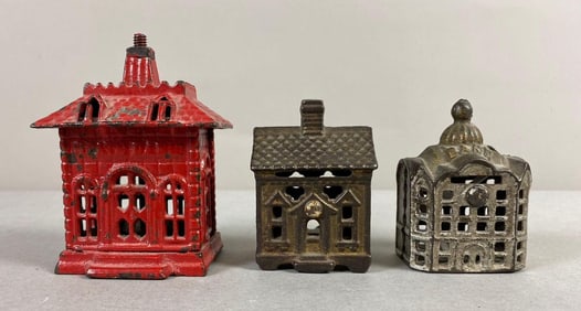 Group of 3 Antique Cast Iron House Coin Banks