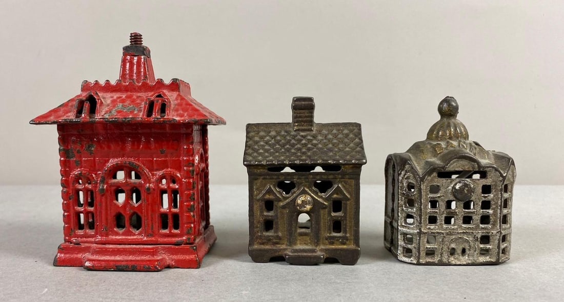 Group of 3 Antique Cast Iron House Coin Banks (1 of 2)