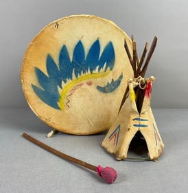 Vintage Deerskin Drum and Teepee Toys
