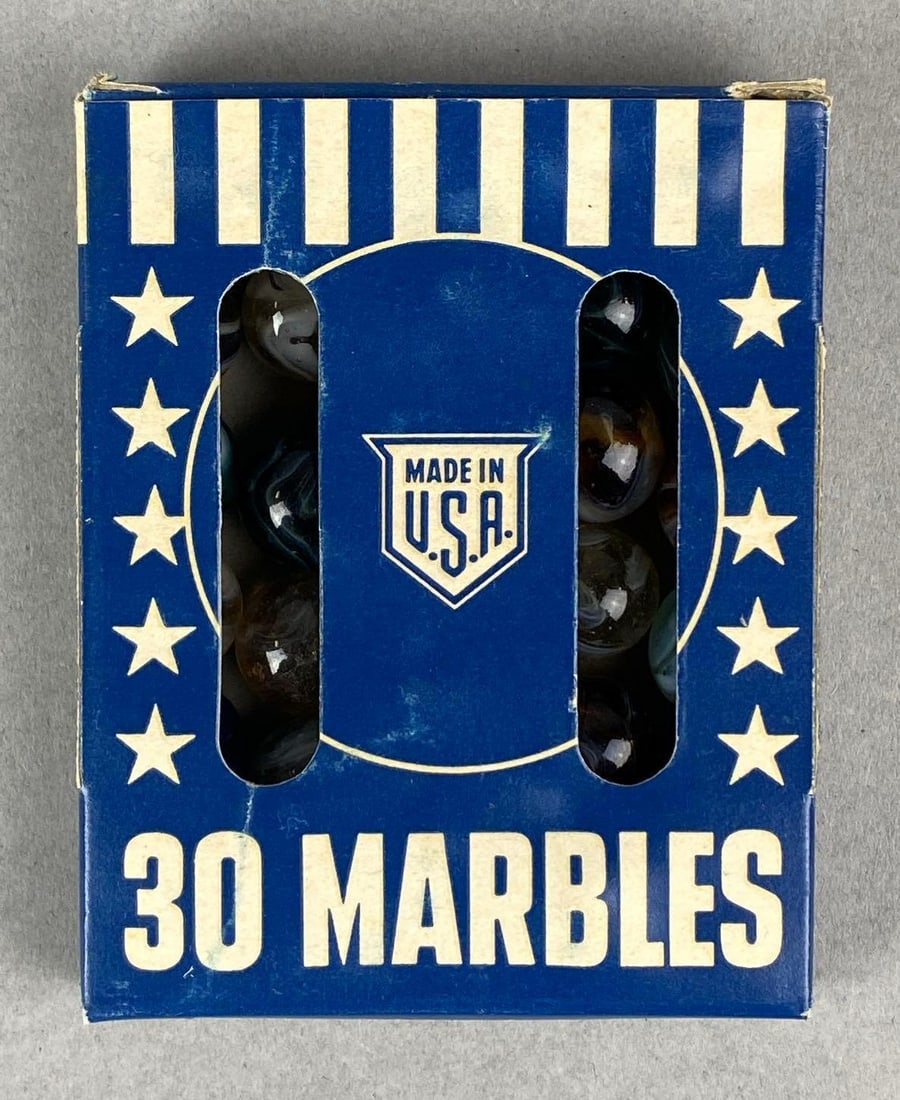 Vintage Box of Marbles: Made in USA. Box measures H 3/4 x W 3 1/4 x D 4 1/4 inches