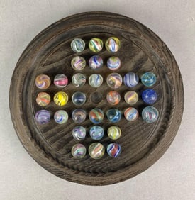Antique Marble Solitaire Game with German Swirl Marbles
