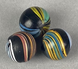 Group of 3 Indian Swirl Black Banded Opaque Glass Marbles