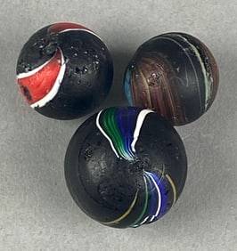 Group of 3 Indian Swirl Black Banded Opaque Glass Marbles