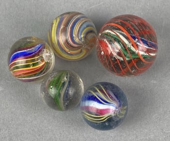 Group of 5 Antique German Swirl Glass Shooter Marble