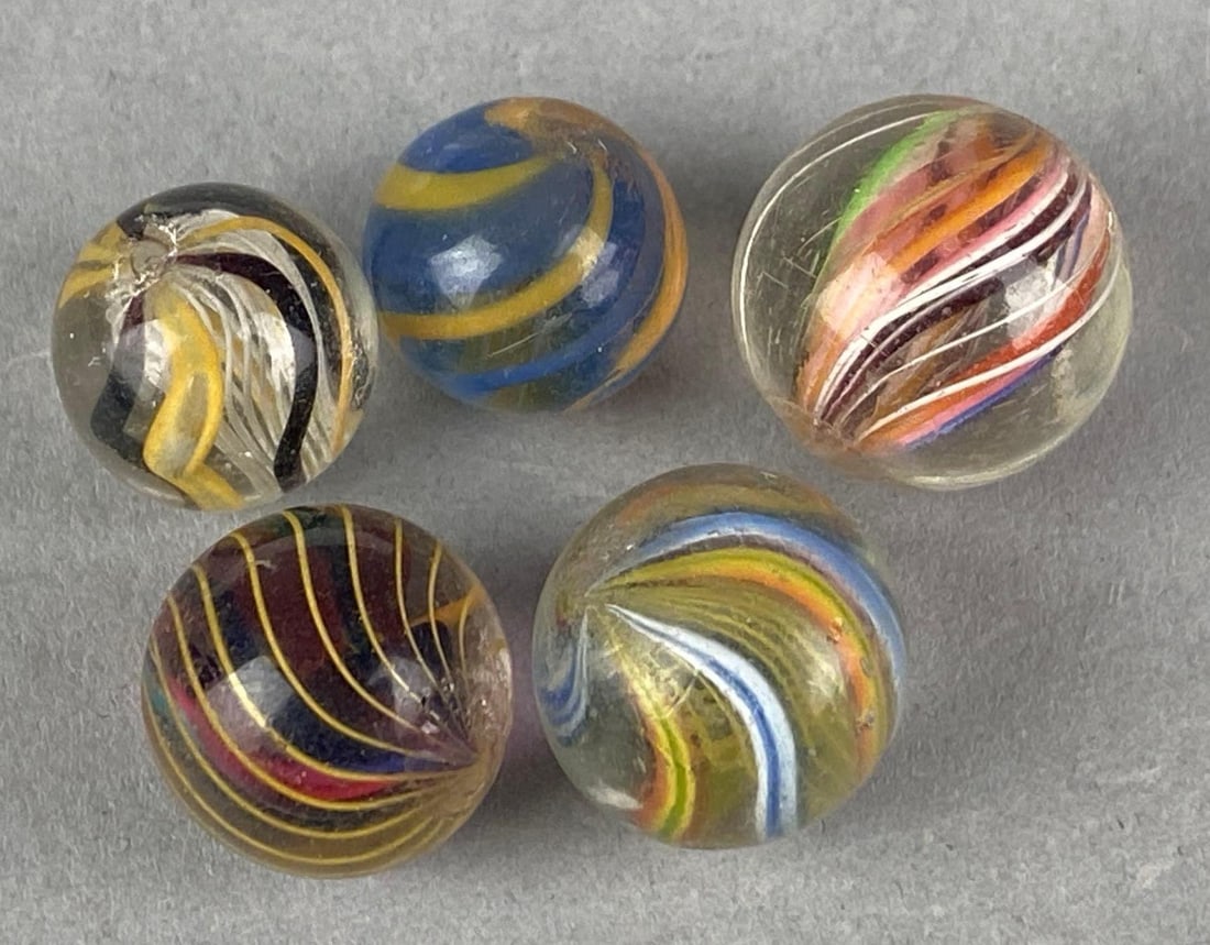 Group of 5 Antique German Swirl Glass Shooter Marble: Largest measures .8”