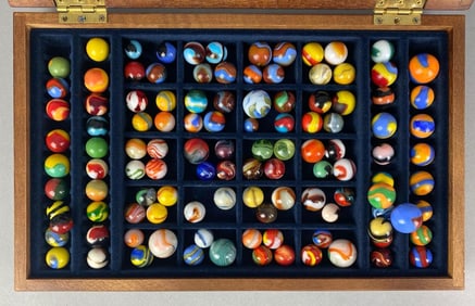 Group of Vintage Machine Made Glass Marbles in Case