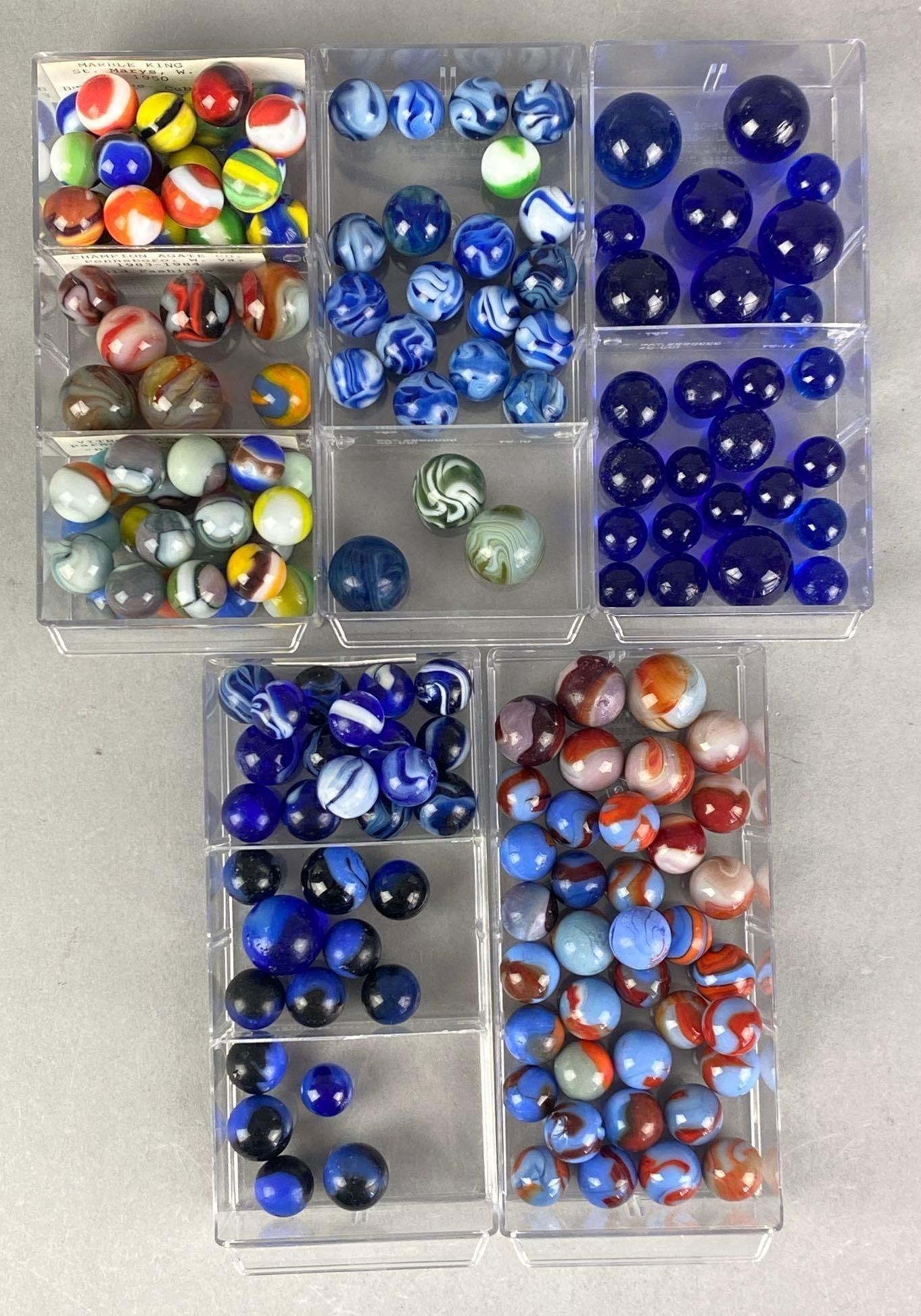 Group of Assorted Marbles: Inclufrs Vitro, Azure Blue, marble king marbles and more, largest measures .96”
