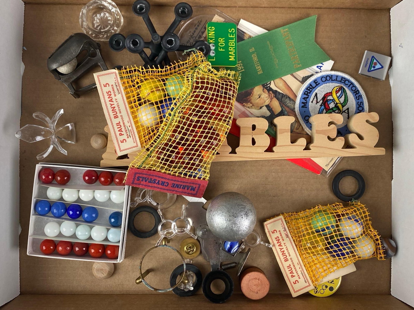 Group of Assorted Marble Items: Includes patches, wood sign, marbles, stands and more, largest item measures 1 3/4” H x 11 1/2” W