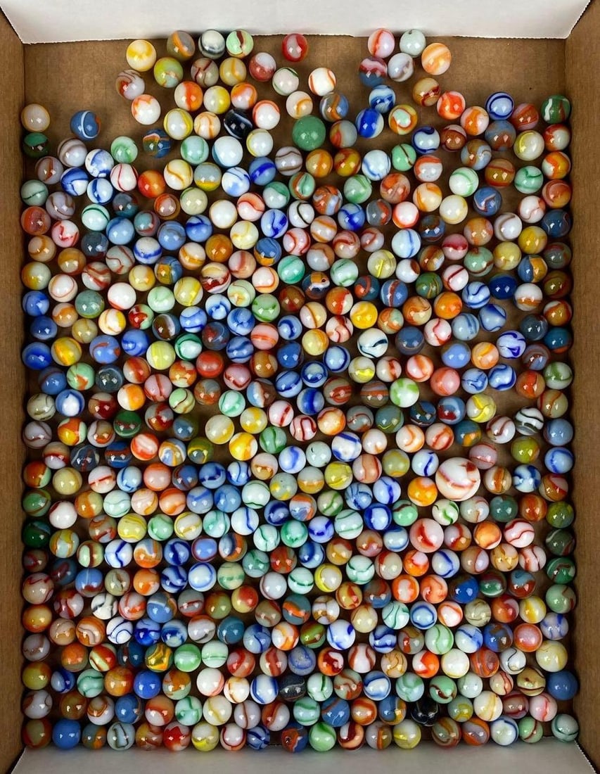 Large Group of Peltier Rainbo Marbles from Peltier Glass Factory Ottawa, Illinois: Largest measures .90 inches