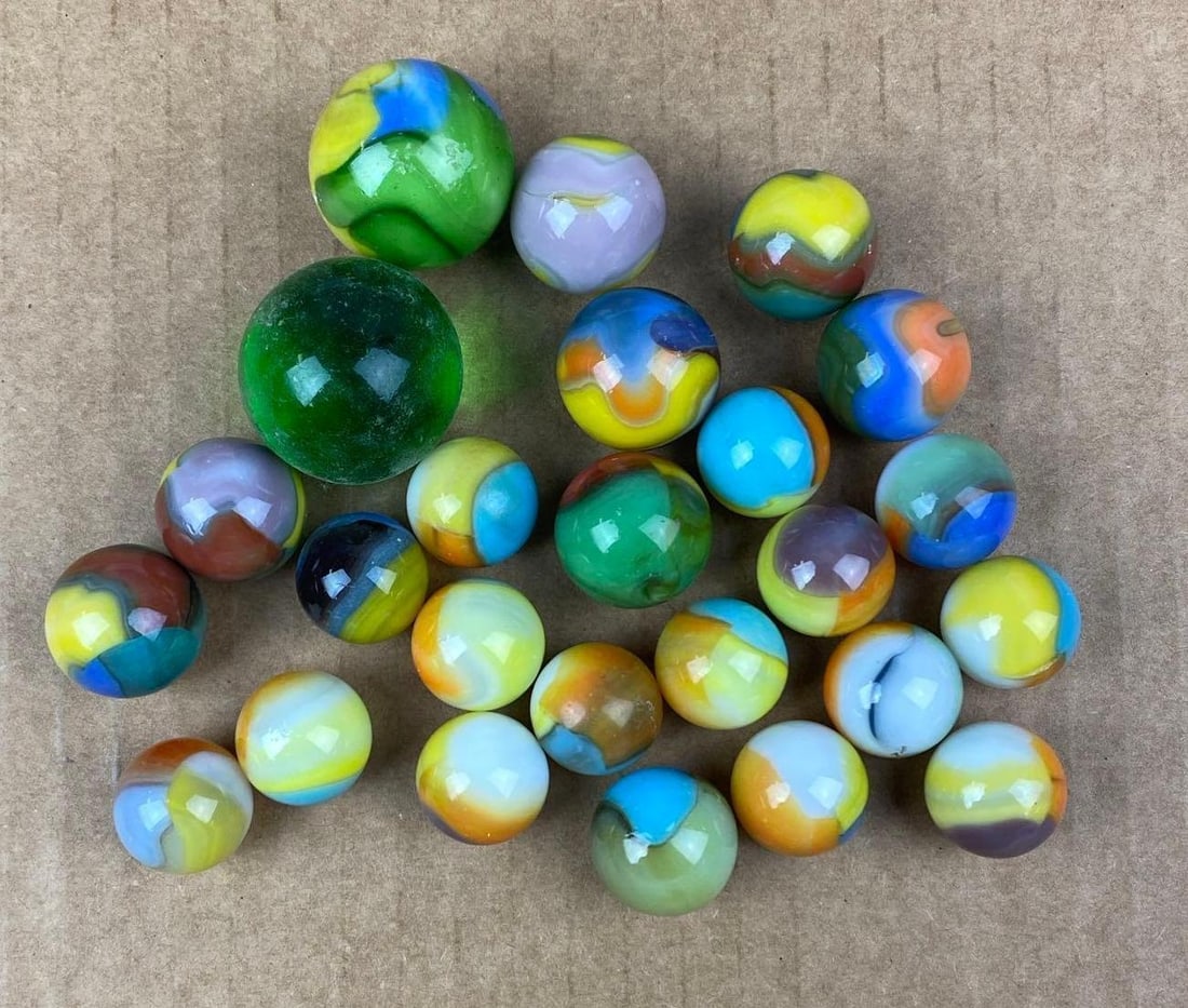 Group of Vitro Agate Co. Parrot Marbles: Largest measures .98 inches