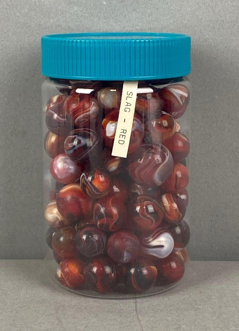 Group of Slag Marbles: Container measures H 5 x W 3 x D 3 inches