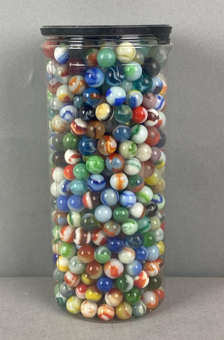 Group of Marbles: Container measures H 10 xW 4 1/2 x D 4 1/2 inches.