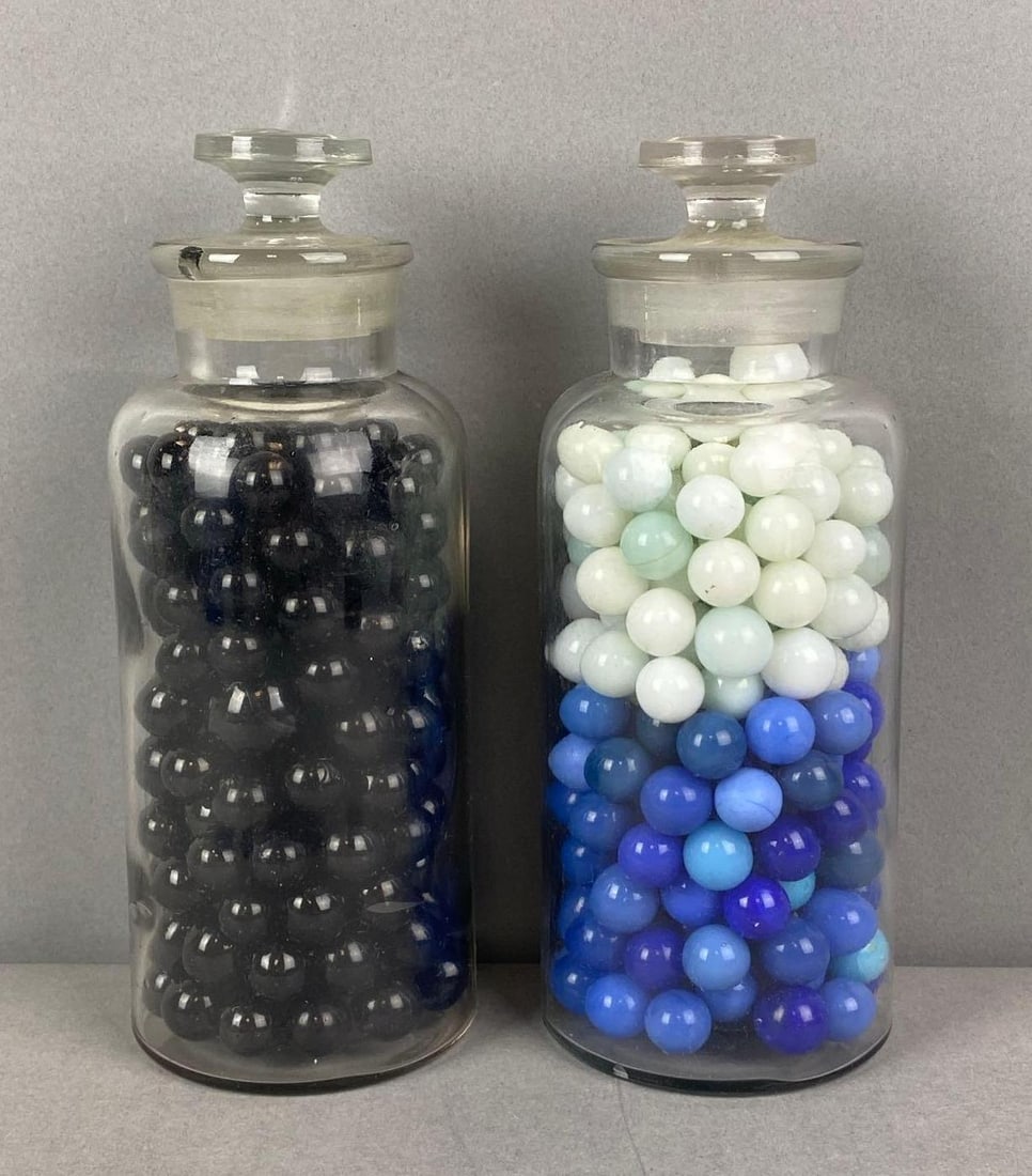 Group of Assorted Marbles: Largest container measures H 8 1/4 x W 3 1/4 x D 3 1/4 inches