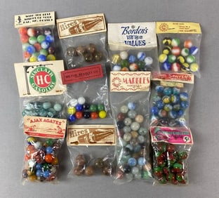 Group of 11 Reproduction/Fantasy Advertising Packaged Vitro Marbles