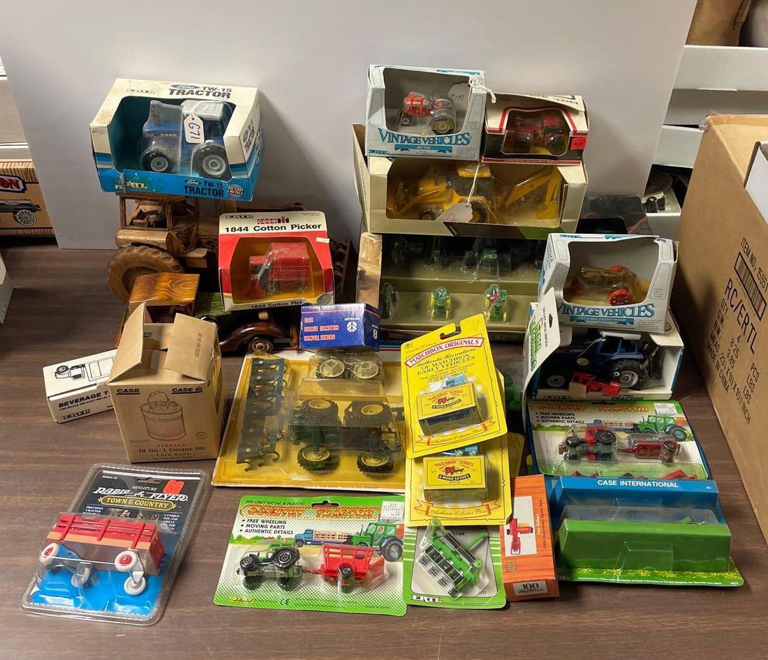 Group of Assorted Tractors and Farm Equipment: Includes Ertl, matchbox, welly