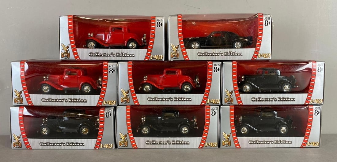 Group of 8 Collectors Edition 1:43 Die Cast Vehicles: Includes 1932 Ford 3 Window Coupe and 1969 Pontiac Firebird Trans Am. New in original packaging. Measure H 3 x W 6 inches.
