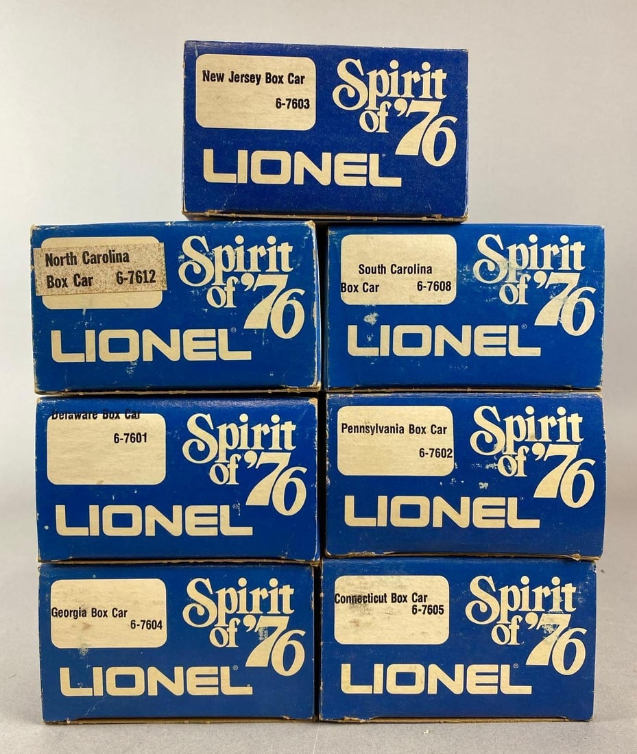 Group of 7 Lionel O Scale Spirit of 76 Box Cars: Includes South Carolina, Georgia, Delaware and more.
