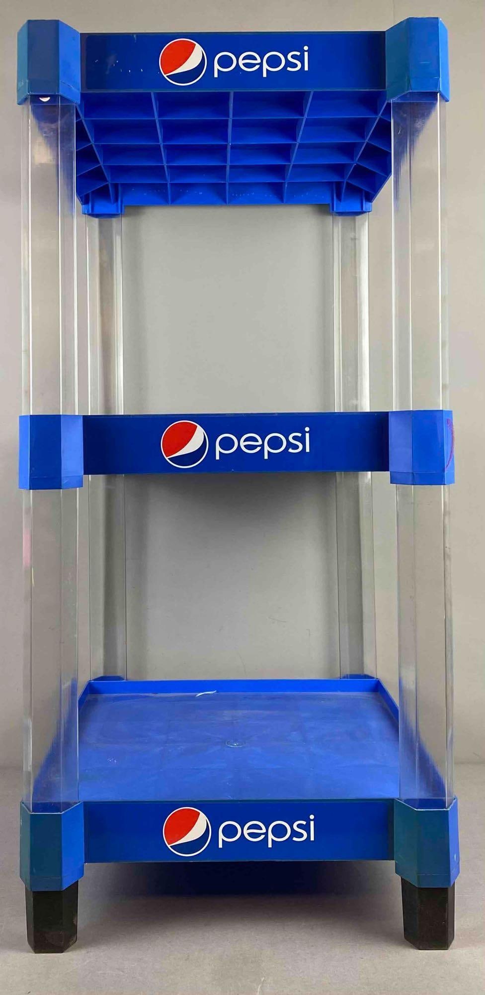 Pepsi Advertising Plastic Display Shelf: Measures H 36 1/2 x W 17 1/2 x L 17 1/2 inches can be taken apart.