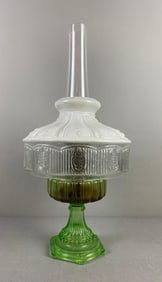 Vintage Aladdin Green Crystal Glass Corinthian Oil Lamp B-102 With White Glass Shade