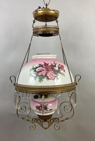 Victorian Era Brass Parlor Library Oil Lamp Chandelier Hanging Light