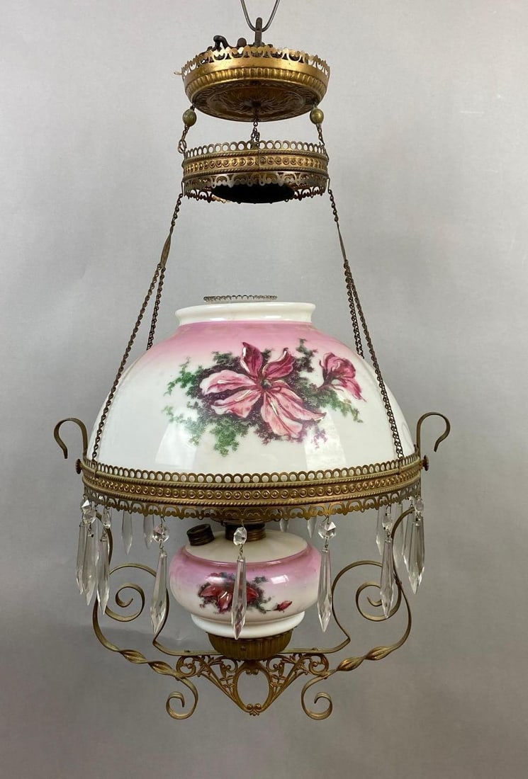 Victorian Era Brass Parlor Library Oil Lamp  Chandelier Hanging Light (1 of 6)