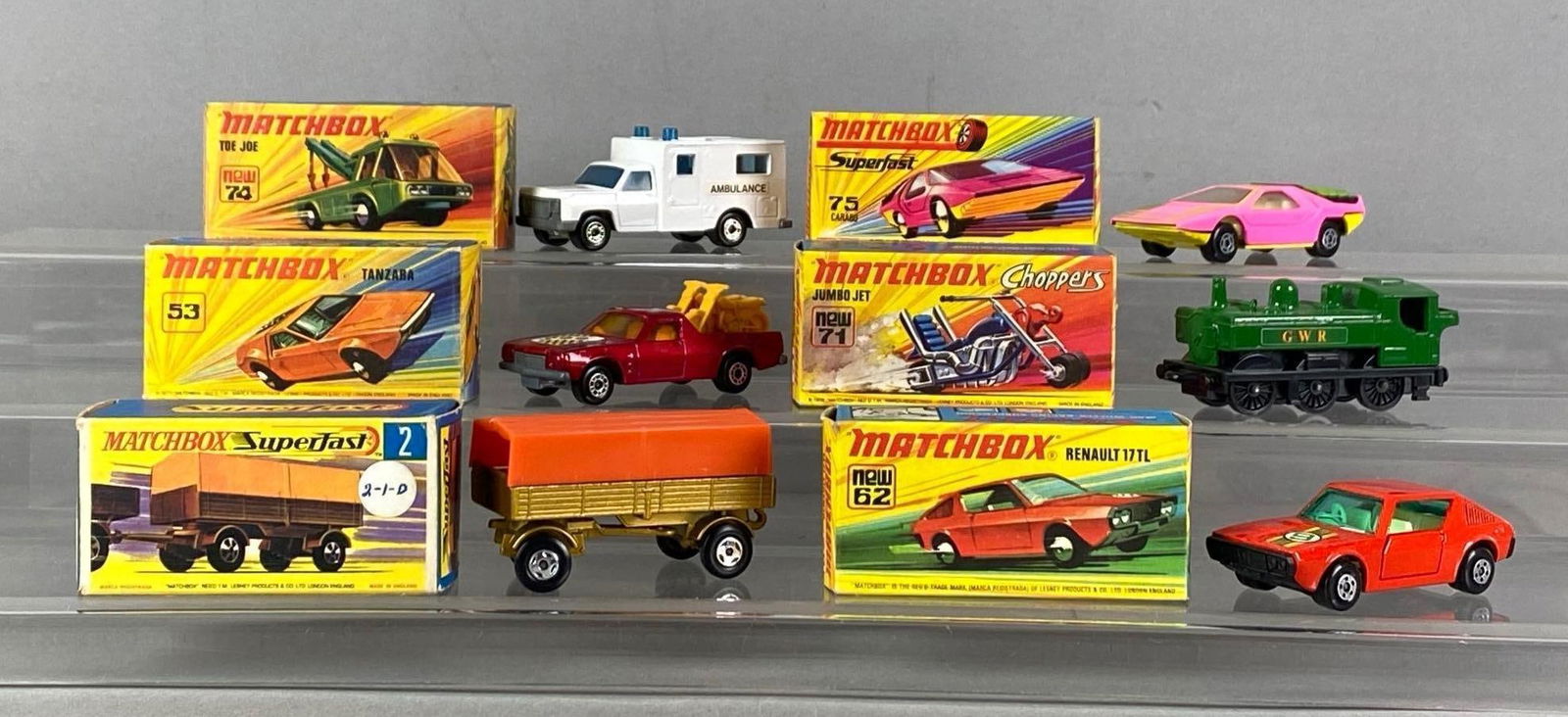 Group of 6 Matchbox Die-Cast Vehicles: includes Tanzara, Toe Joe, Caraq and more