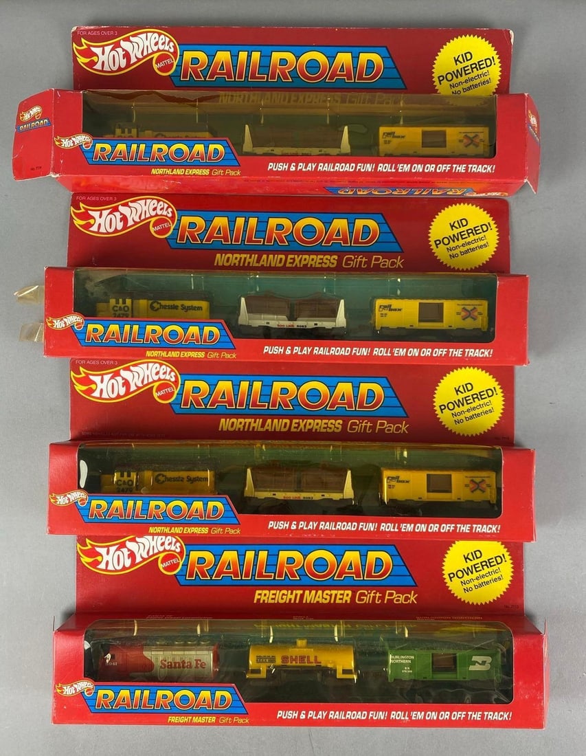 Group of 4 Mattel Hot Wheels Railroad Giftpacks: Die-cast, kid powered