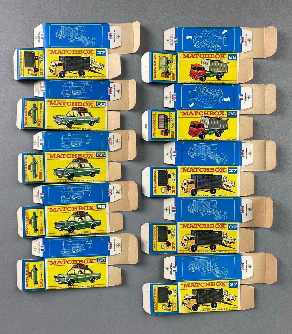 Group of 10 Matchbox F Type Boxes: includes No. 26 GMC tipper Truck, No. 37 Cattle Truck and No. 56 Fiat 1500