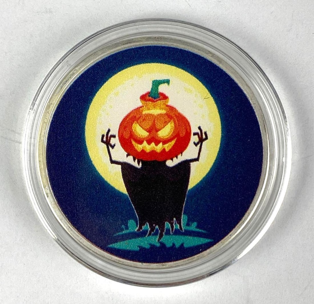 APMEX Colorized Pumpkin Ghoul 1 oz .999 Fine Silver Round: APMEX Colorized Pumpkin Ghoul 1 oz .999 Fine Silver Round