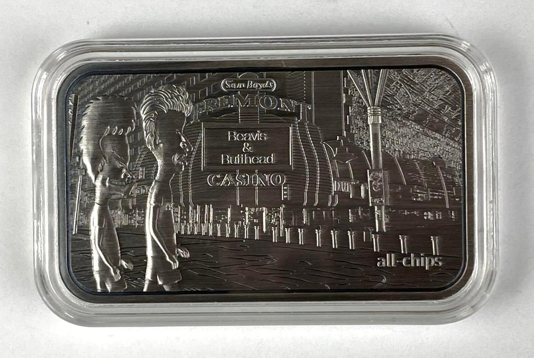 All Chips Silver and Enamel Beavis and Butthead Do Las Vegas 1 oz .999 Fine Silver Ingot/ Bar: Includes COA