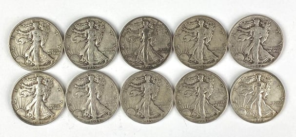 Group of 10 US Walking Liberty Half Dollars