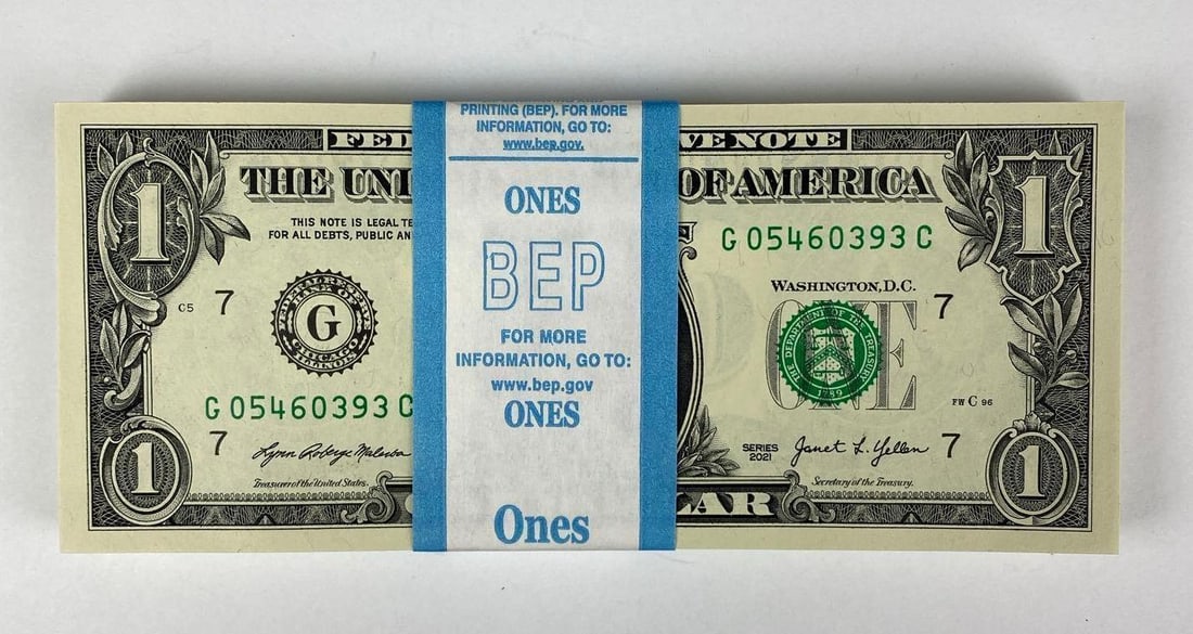 Group of 100 2021 US Mint $1 Consecutive Serial Numbered Bills (1 of 2)