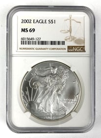 2002 US $1 American Silver Eagle NGC Graded MS69