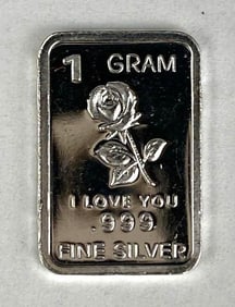 I love You Rose 1 Gram .999 Fine Silver Ingot/ Bar