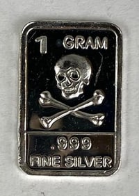 Skull 1 Gram .999 Fine Silver Ingot/ Bar